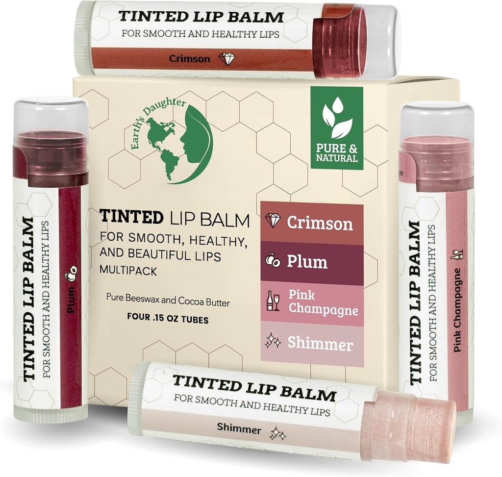 Earth's Daughter Tinted Lip Balm 4 Pack of Assorted Colors - Beeswax, Coconut Oil, Cocoa Butter, Vitamin E - Moisturize and Beautify - Paraben Free
