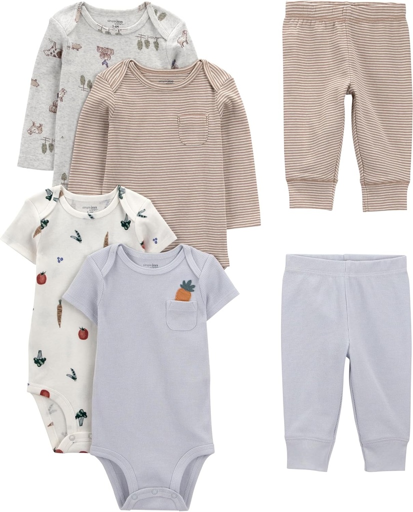 unisex-baby 6-piece Bodysuits (Short and Long Sleeve) and Pants Set