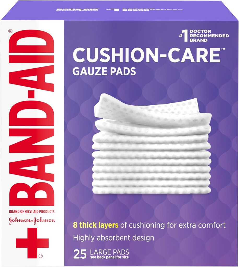 BAND-AID Brand Absorbent Cushion Care Sterile Square Gauze Pads for First Aid Protection of Minor Cuts, Scrapes & Burns, Non-Adhesive, Wound Care Dressing Pads, Large, 4 in x 4 in, 25 ct
