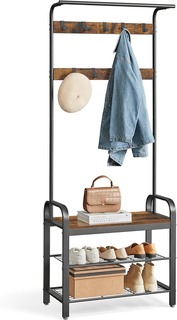 VASAGLE Coat Rack, Hall Tree with Shoe Bench for Entryway, Entryway Bench with Coat Rack, 4-in-1, with 9 Removable Hooks, a Hanging Rod, 13.3 x 28.3 x 72.1 Inches, Rustic Brown and Black UHSR40B (ONESIZE)