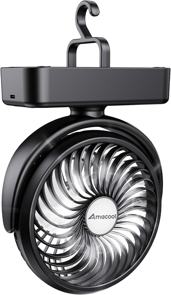 Portable Camping Fan with LED Lantern- 40H Work Time Rechargeable Battery Operated Fan with Hanging Hook for Tent Car RV Hurricane Emergency Outages Survival Kit Cruise Travel Camping Essentials Gear