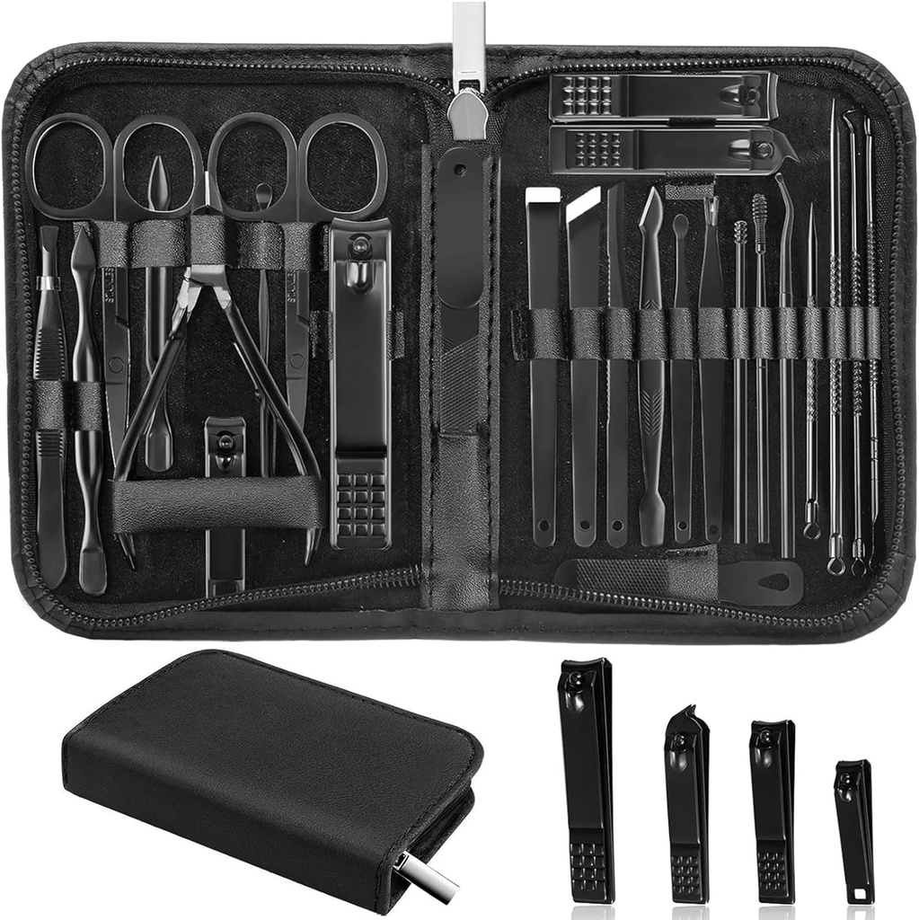 Manicure Set Professional Nail Clipper Kit-26 Pieces Stainless Steel Manicure Kit,Nail Care Tools with Luxurious Travel Case Nail Grooming Kit Present for Men Husband Boyfriend Parent (Black) (ONESIZE)