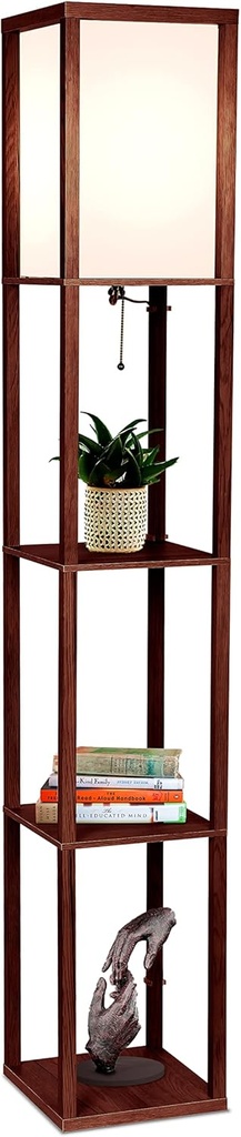 Brightech Maxwell - Modern Shelf Floor Lamp with Lamp Shade & Warm White LED Bulb, Corner Display Floor Lamp with Shelves for Living Room, Bedroom, Nightstand Office, Home Decor Storage - Havana Brown