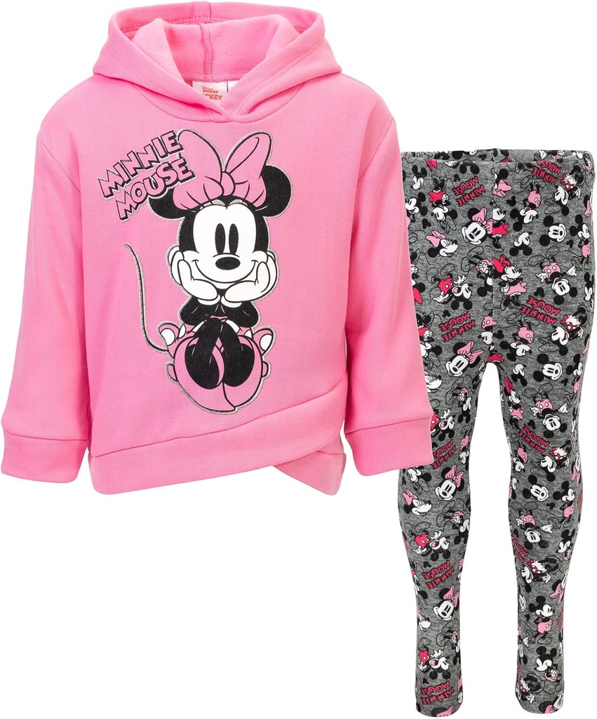 Minnie Mouse Fleece Pullover Crossover Hoodie and Leggings Outfit Set Infant to Big Kid Sizes (12 Months - 14-16)