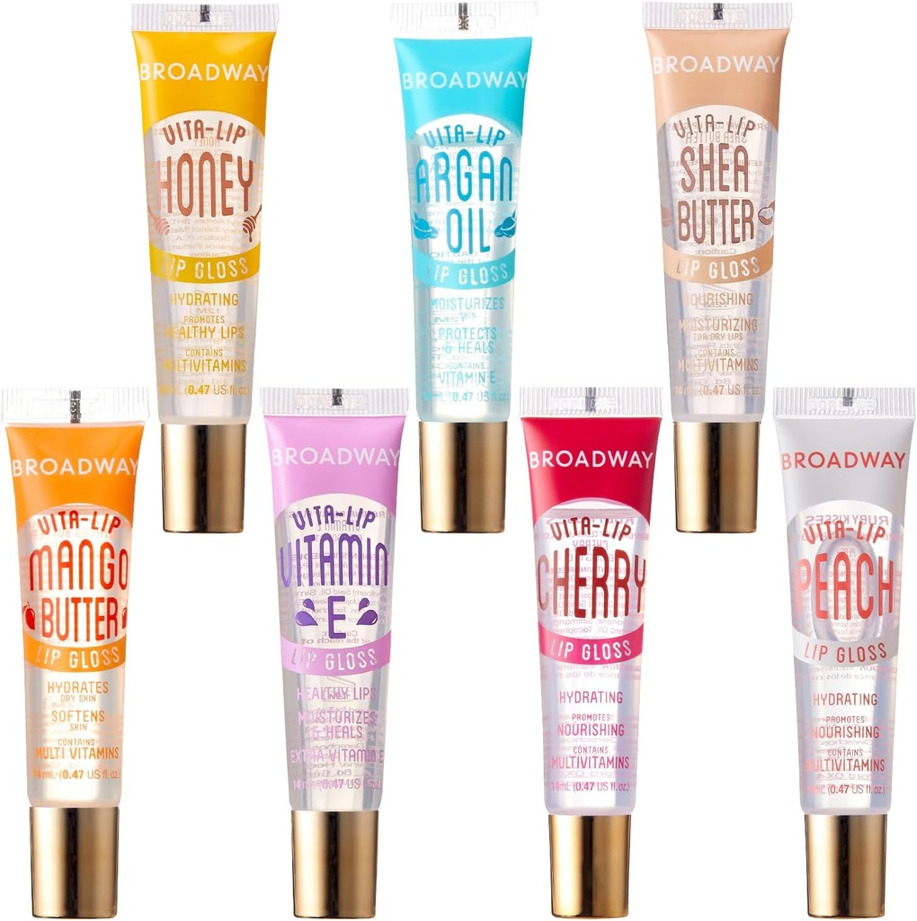 Ruby Kisses Broadway Vita-Lip Clear Lip Gloss (7 Pack) Ultra-Hydrating & Soothing Formula with Vitamins, High-Shine Non-Sticky Finish Lip Balm with Honey, Argan Oil, Shea, Mango Butter, Cherry, Peach