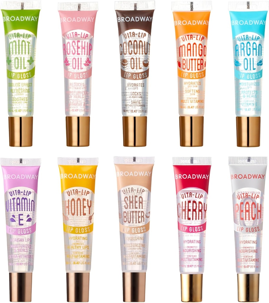 Ruby Kisses Broadway Vita-Lip Clear Lip Gloss (10 Pack), Hydrating & Soothing Formula with Vitamin, High-Shine Non-Sticky Lip Balm with Mint, Rosehip, Coconut, Mango, Argan, Honey, Shea, Cherry, Peach