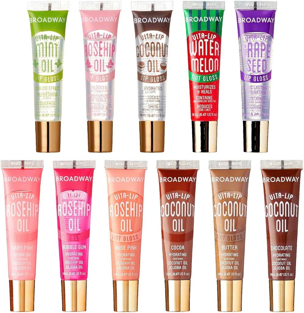 Ruby Kisses Broadway Vita-Lip Tinted & Clear Lip Gloss Set (11 Pack) Ultra-Hydrating & Soothing Formula with Vitamins, High-Shine Non-Sticky Lip Balm with Rosehip+Coconut Oil, Pink & Brown Shades