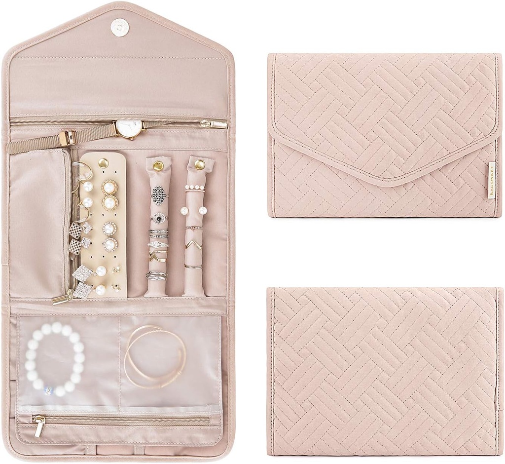 BAGSMART Travel Jewelry Organizer Roll Foldable Jewelry Case for Journey-Rings, Necklaces, Bracelets, Earrings, Soft Pink (ONESIZE)