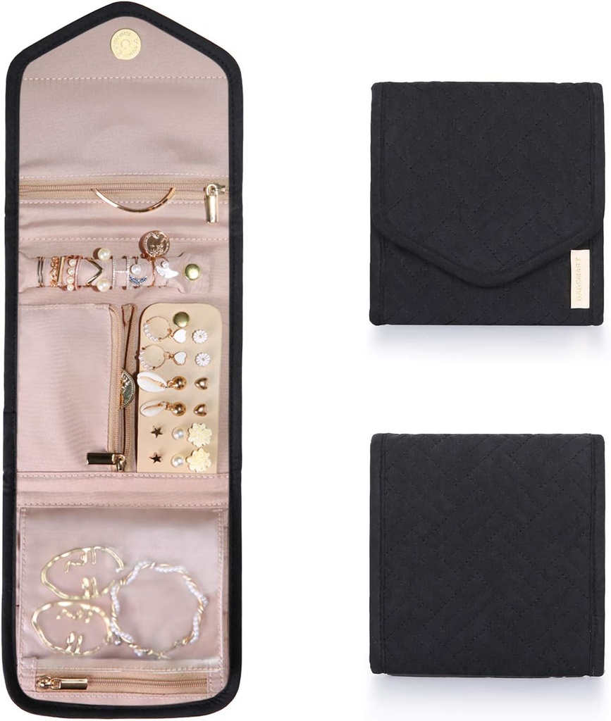 BAGSMART Travel Jewelry Organizer Case Foldable Jewelry Roll for Journey Rings, Necklaces, Earrings, Bracelets, Mini, Black (ONESIZE)