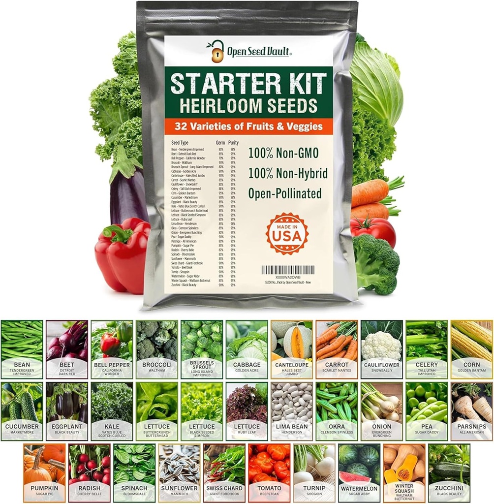 Open Seed Vault |15,000 Heirloom Seeds | 32 Seed Types | Survival Seeds | 2026 Season | Non GMO Vegetable and Fruit Seeds | Planting Outdoor & Indoor Garden