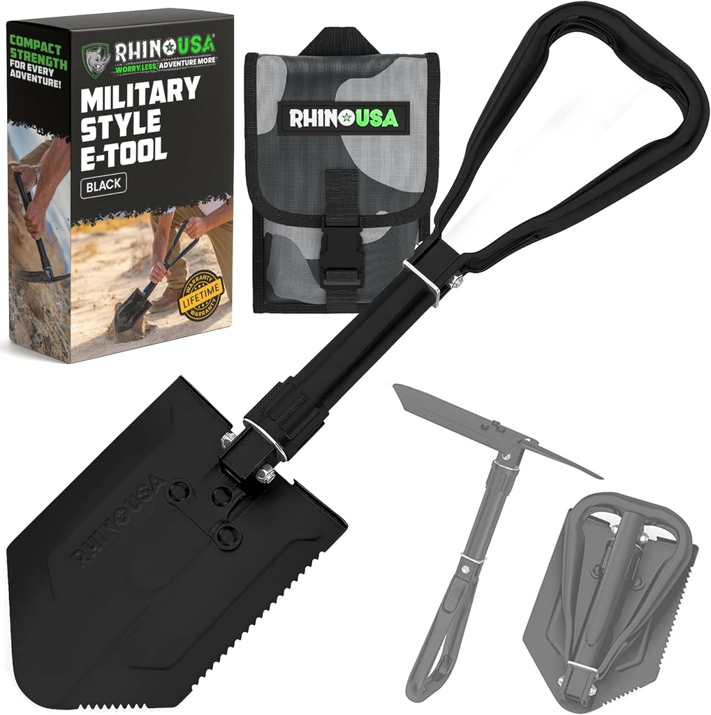 RHINO USA Folding Survival Shovel w/Pick - Heavy Duty Carbon Steel Military Style Entrenching Tool for Off Road, Camping, Gardening, Beach, Digging Dirt, Sand, Mud & Snow. (ONESIZE)