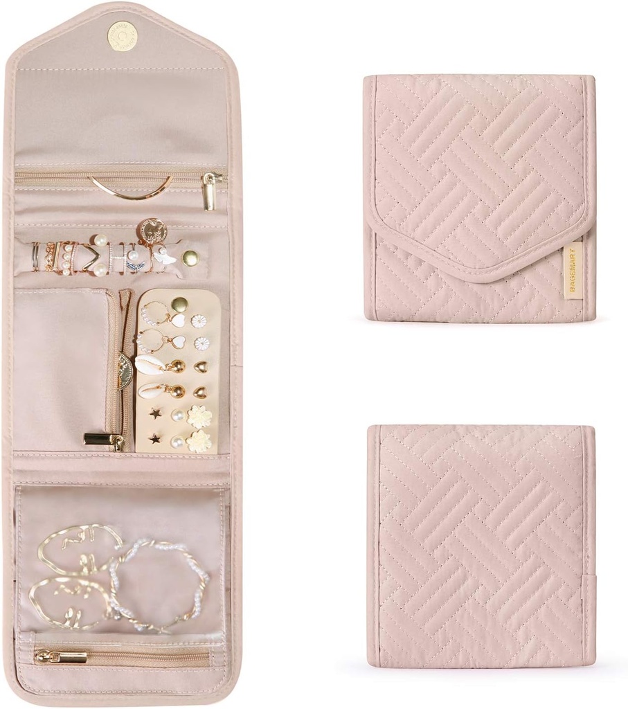 BAGSMART Travel Jewelry Organizer Case Foldable Small Jewelry Roll for Journey Rings, Necklaces, Earrings, Bracelets,Mini,Soft Pink (ONESIZE)