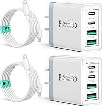 2 Pack USB C Wall Charger, 40W 4-Port USB C Fast Charger Block Dual Port QC+PD 3.0 Power Adapter, Multiport Type C Brick Charger with Lightning Cable for iPhone 14 13 12 11 Pro Max XS XR X 8 7 6 Plus