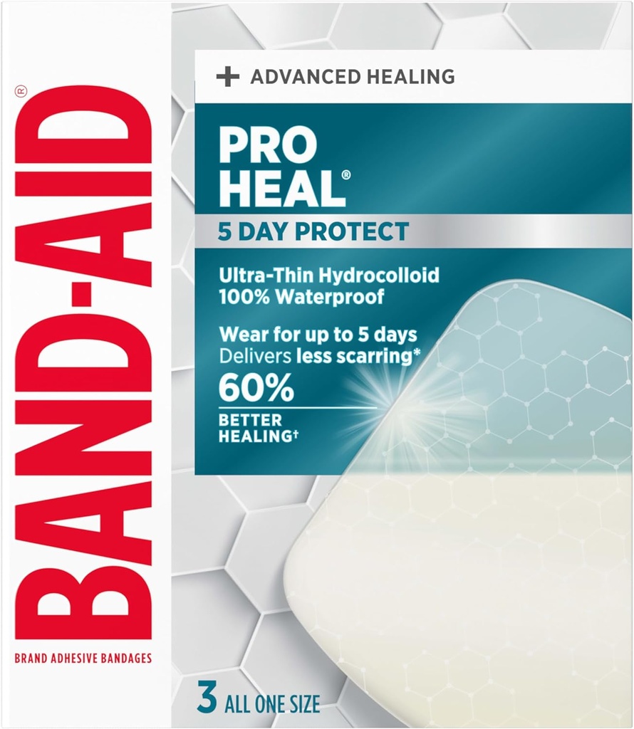BAND-AID Brand Pro Heal 5 Day Protect, Ultra-Thin Hydrocolloid 100% Waterproof First Aid Adhesive Bandages for Advanced Healing and Less Scarring Versus Uncovered Wound, Extra Large, 3 ct
