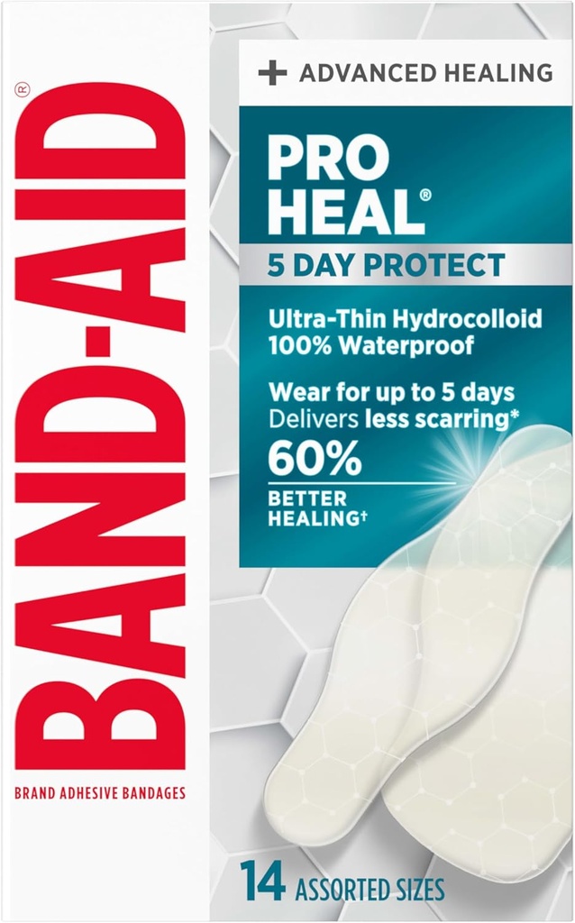 BAND-AID Brand Pro Heal Ultra-Thin Hydrocolloid for Advanced Healing, 100% Waterproof Adhesive Bandages for Less Scarring Versus Uncovered Wound, Assorted Sizes, 14 ct