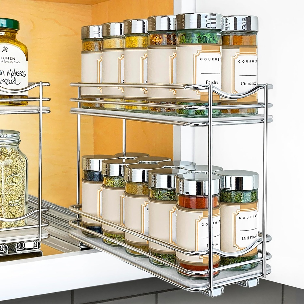 LYNK PROFESSIONAL® Pull Out Spice Rack Organizer for Inside Kitchen Cabinets - 4-3/8 inch Wide - Slide Out Drawer – Chrome Sliding Spice Organization for cabinet - Spice Racks - 2 Tier