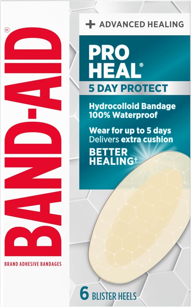BAND-AID Brand Pro Heal 5 Day Protect, Hydrocolloid 100% Waterproof First Aid Blister Bandages for Advanced Healing, Extra Cushion for Blister Protection & Less Scarring Versus Uncovered Wound, 6 ct