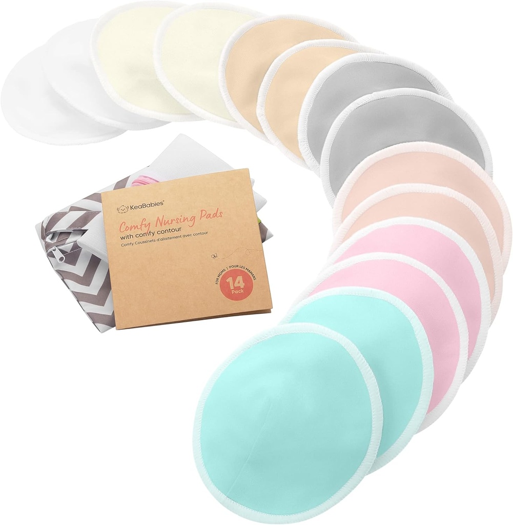 Organic Nursing Pads - 14 Washable Breast Pads for Breastfeeding, Wash Bag, Viscose Derived from Bamboo Reusable Nipple Covers for Breastfeeding Essentials, Soft & Absorbent(Pastel Touch, XL 5.6")
