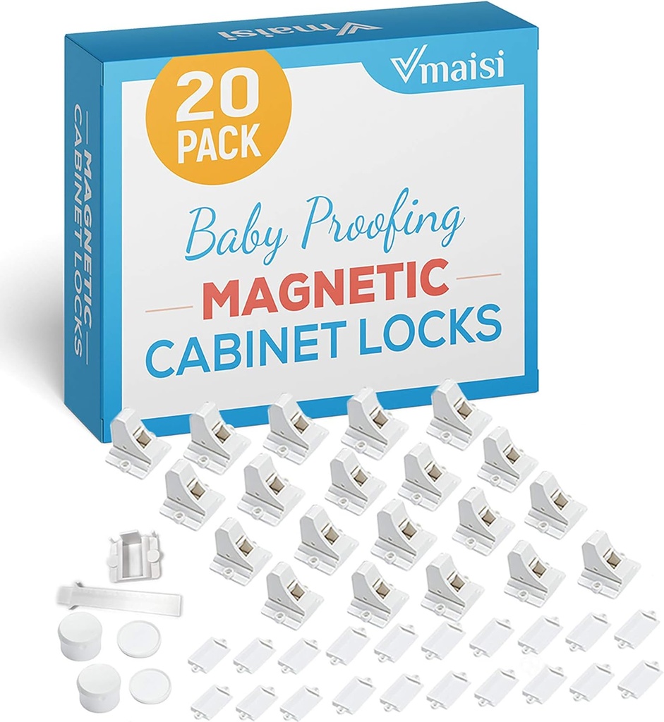 20 Pack Magnetic Cabinet Locks Baby Proofing - Vmaisi Children Proof Cupboard Drawers Latches - Adhesive Easy Installation (One Size)