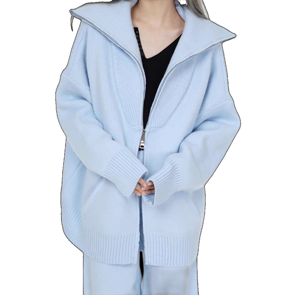 2023 autumn and winter zipper casual sports knitted suit women's high waist straight leg mopping wide trousers two-piece trendy trendy