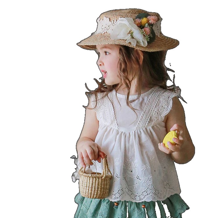 2023 summer strawberry girl girls sweet lace edge solid color doll shirt sleeveless T-shirt top spot spot (One Size)