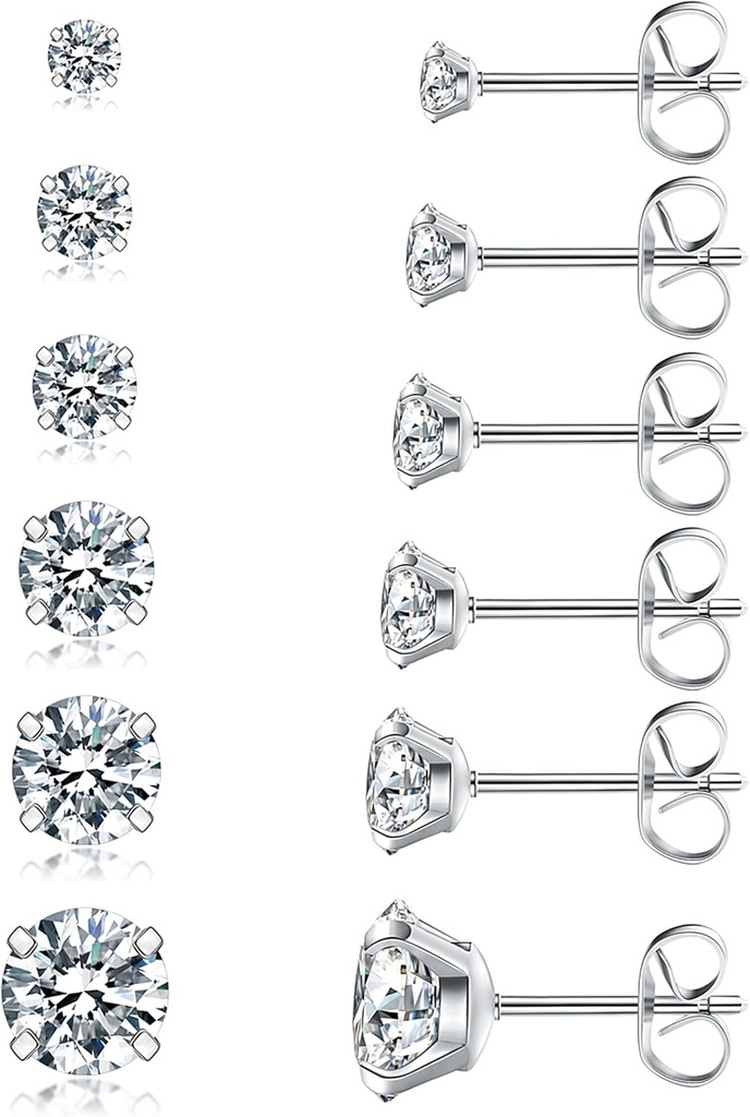 6 Pairs Stud Earrings Set, Hypoallergenic Cubic Zirconia 316L Earrings Stainless Steel CZ Earrings 3-8mm (Steel color) (One Size)