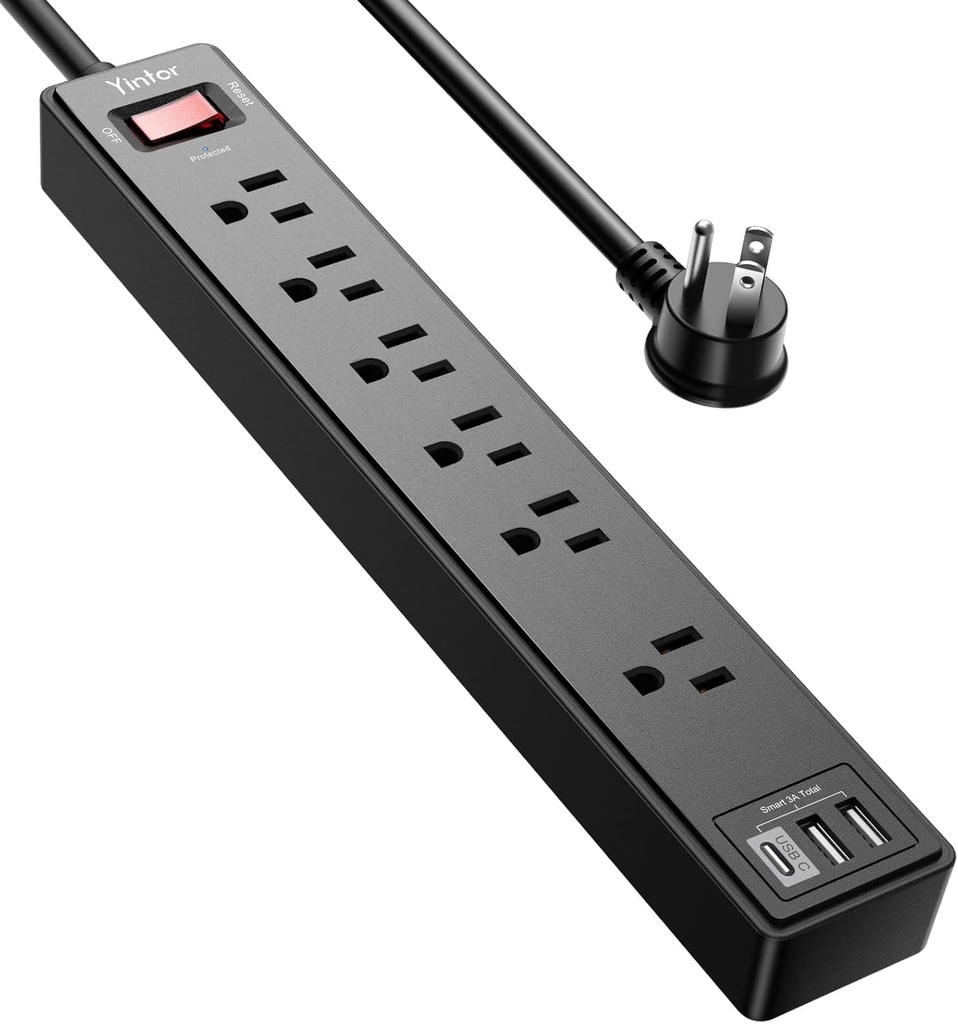6Ft Power Strip Surge Protector - Yintar Extension Cord with 6 AC Outlets and 3 USB Ports for for Home, Office, Dorm Essentials, 1680 Joules, ETL Listed, (Black) (One Size)