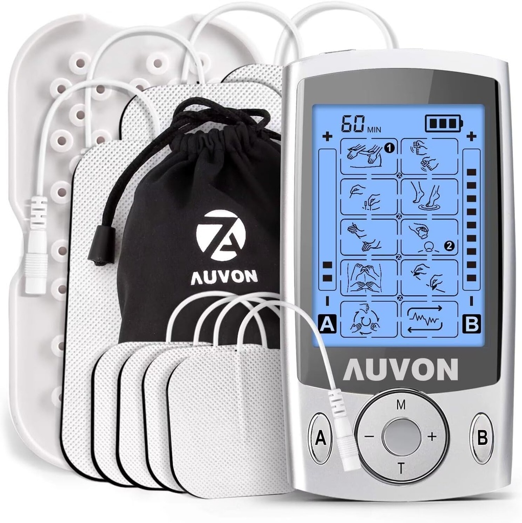 AUVON Dual Channel TENS Unit Muscle Stimulator Machine with 20 Modes, 2" and 2"x4" TENS Unit Electrode Pads (One Size)