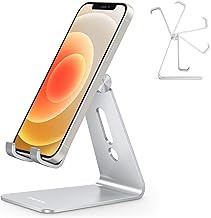 Adjustable Cell Phone Stand, OMOTON Aluminum Desktop Cellphone Stand with Anti-Slip Base and Convenient Charging Port, Fits All Smart Phones, Silver (One Size)
