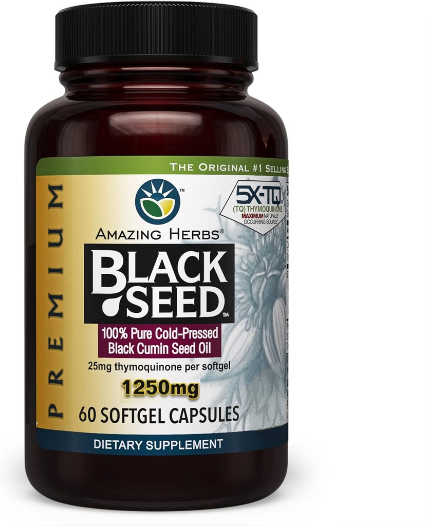 Amazing Herbs Premium Black Seed Oil Capsules - High Potency, Cold Pressed Nigella Sativa Aids in Digestive Health, Immune Support & Brain Function - 60 Count, 1250mg (One Size)