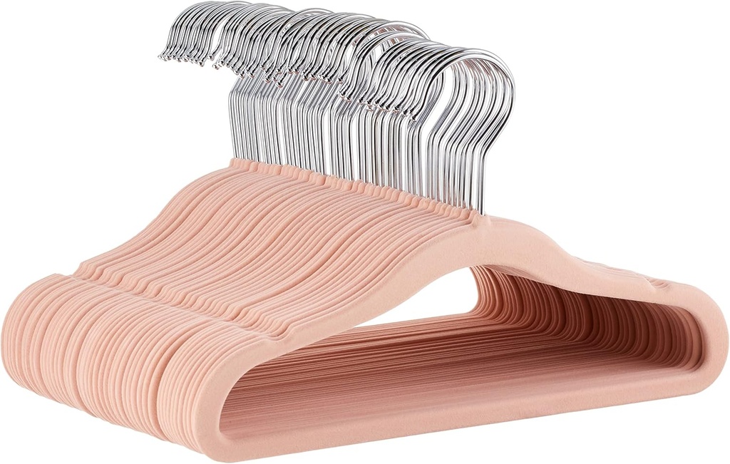Amazon Basics Kids Space Saving Velvet Non-Slip Clothes Hangers with Shoulder Notches for Infant and Toddler, 11.6", Blush, 50-Pack (One Size)