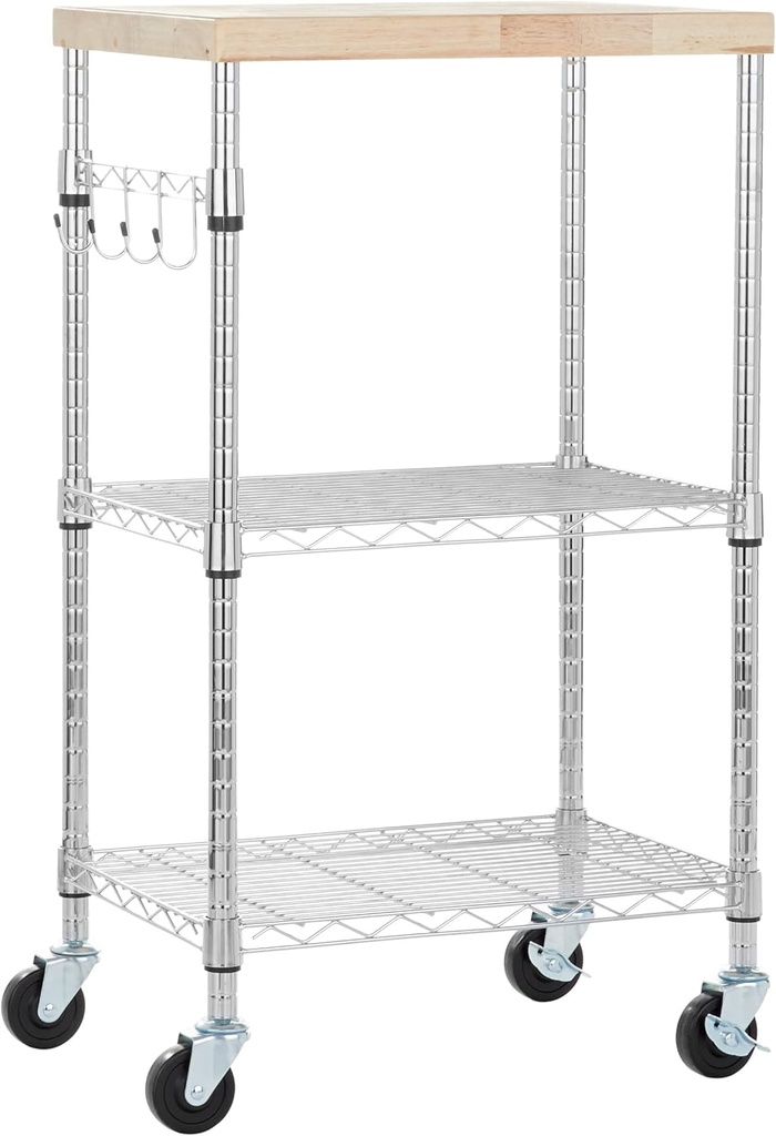 Amazon Basics Portable Kitchen 3-Tier Storage Rack on Caster Wheels with Adjustable 2 Shelves, 175 Pound Capacity, 21 x 15 x 36.7 inches (LxWxH), Wood/Chrome (One Size)