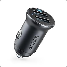 Anker 320 Car Charger (24W II), Mini Aluminum Alloy Dual USB with Blue LED for iPhone16 15 14 13 12 Series, iPad Pro/Air 2/Mini, Galaxy and More - Not Compatible with Quick Charge (Black) (One Size)