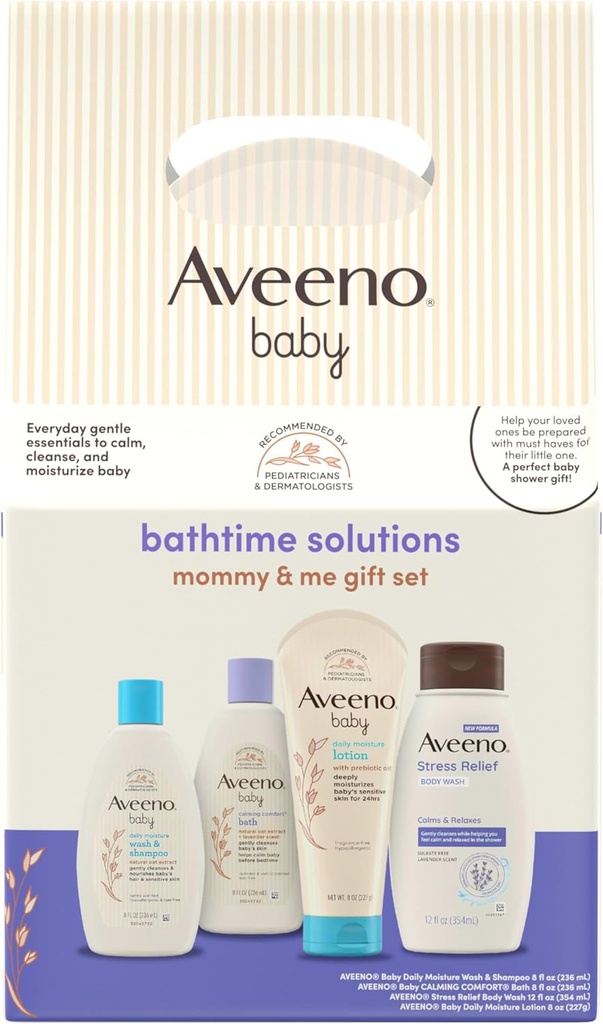 Aveeno Baby Bathtime Solutions Mommy & Me Gift Set, Baby Wash & Shampoo, Calming Bath, Daily Moisturizing Lotion and Stress Relief Body Wash for Mom, Colloidal Oat, Baby Bath Essentials, 4 items (One Size)
