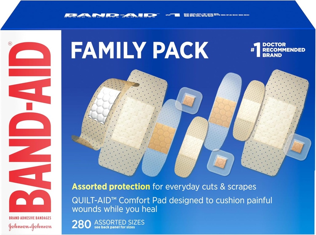 BAND-AID Brand Adhesive Bandages Family Variety Pack, Sheer & Clear Flexible Sterile Individually Wrapped Strips & Spots, First Aid Wound Care for Minor Cuts, Scrapes, Burns, 5 Sizes, 280 ct (One Size)