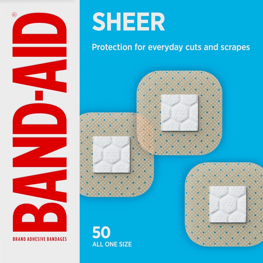 BAND-AID Brand Sheer Spots Adhesive Small Square Bandages, Sterile, Individually Wrapped Discreet First Aid & Wound Care for Minor Cuts & Scrapes, Quilt-Aid Comfort Pads, One Size, 50 ct (One Size)