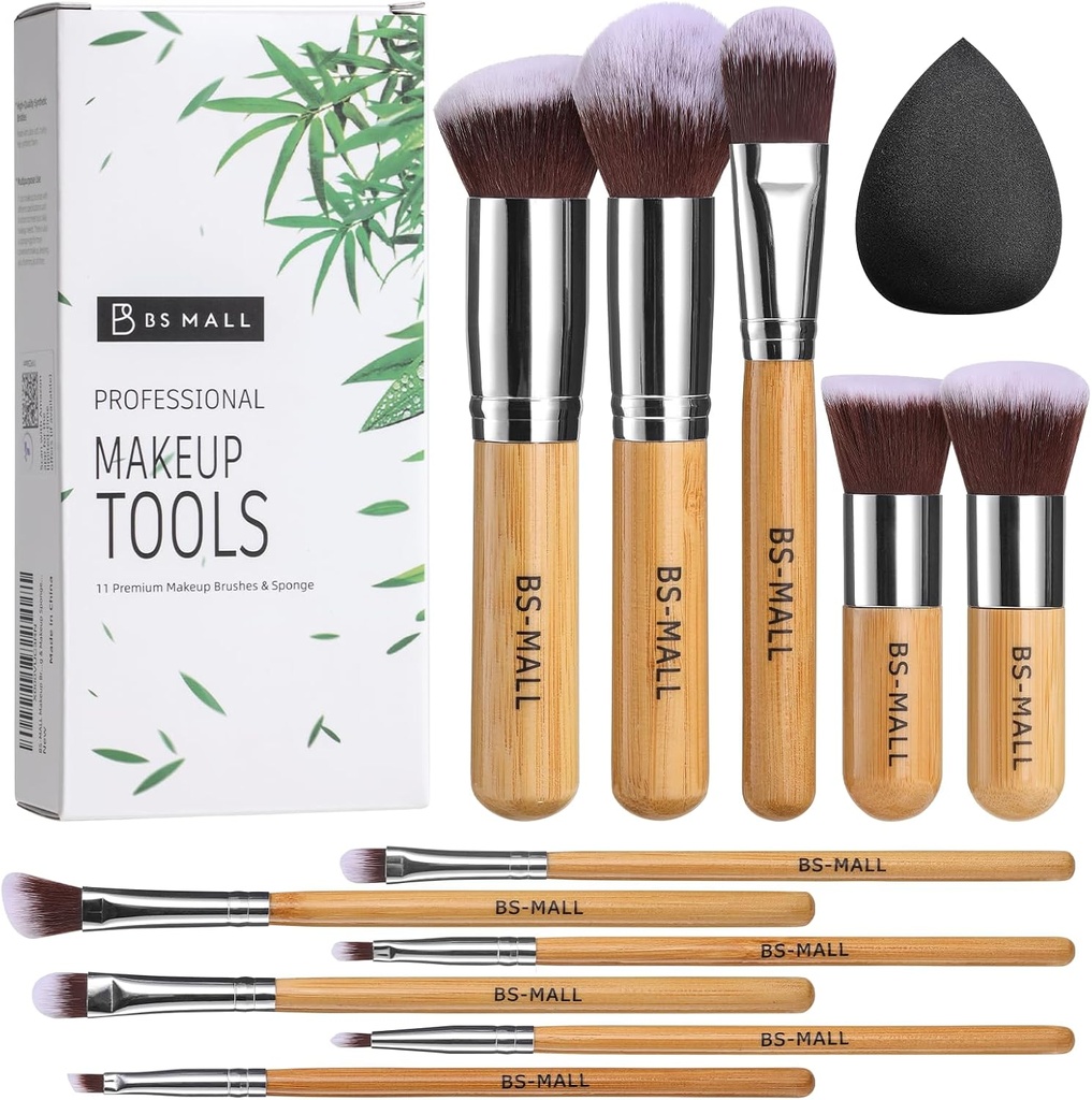 BS-MALL Makeup Brush Set 11Pcs Bamboo Synthetic Kabuki Brush Set Foundation Powder Blending Concealer Eye shadows Blush Cosmetics Brushes with Travel Organizer Bag & Makeup Sponge (Bamboo 11)