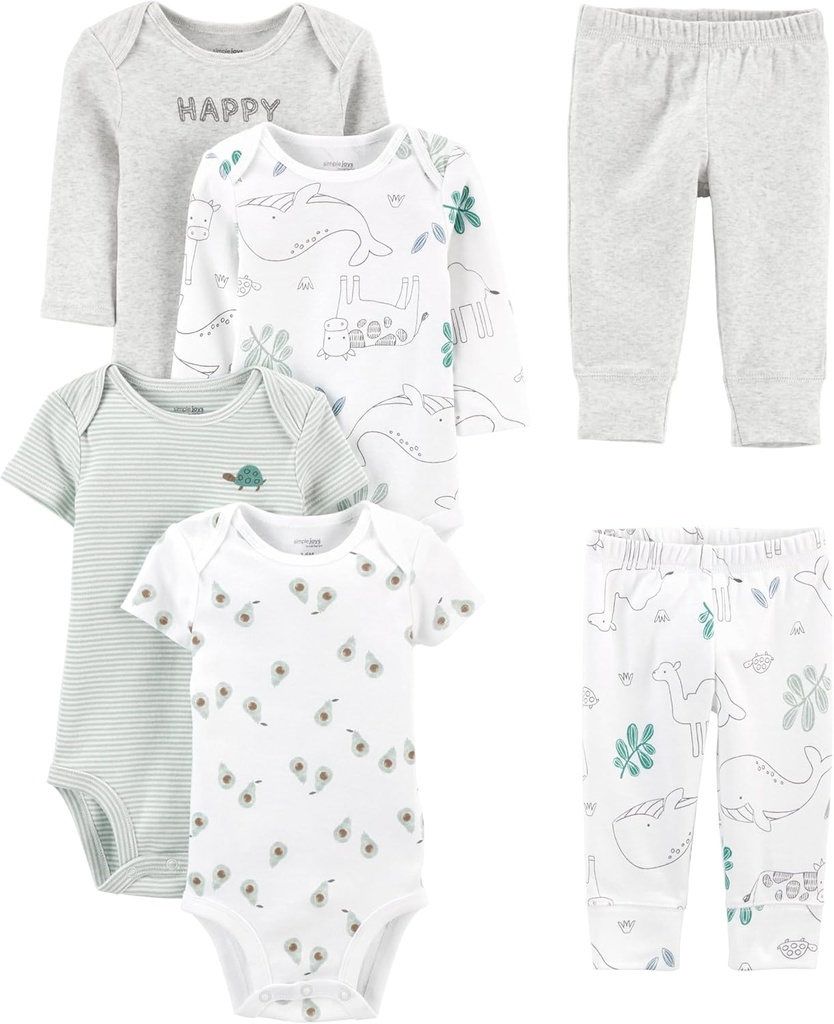 Baby 6-piece Bodysuits (Short and Long Sleeve) and Pants Set (One Size)