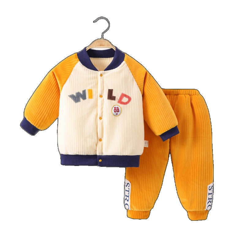 Baby warm clothes set three-layer quilted children's cotton-padded jacket cotton trousers baby autumn and winter thickened boys girls girls