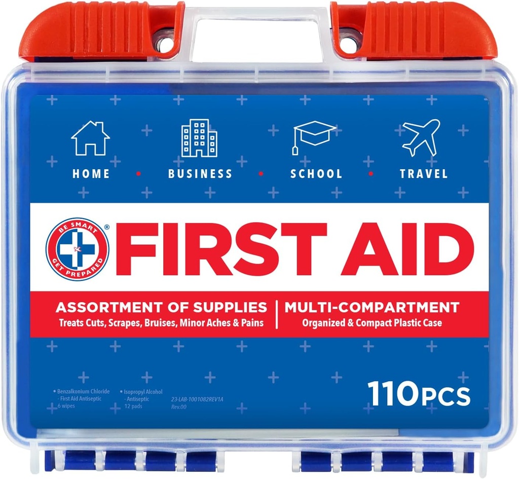 Be Smart Get Prepared 110 pc First Aid Kit: Clean, Treat, Protect Minor Cuts, Home, Office, Car, School, Business, Travel, Emergency, Outdoor, Camping & Sports, FSA/HSA (Packaging may vary) (One Size)