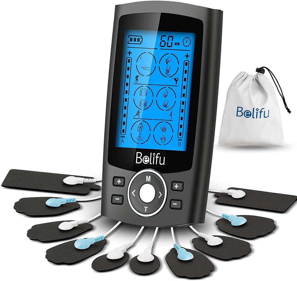 Belifu Dual Channel TENS EMS Unit 24 Modes Muscle Stimulator for Pain Relief Therapy, Electronic Pulse Massager Muscle Massager with 10 Pads, Dust-Proof Drawstring Storage Bag, Fastening Cable Ties (One Size)