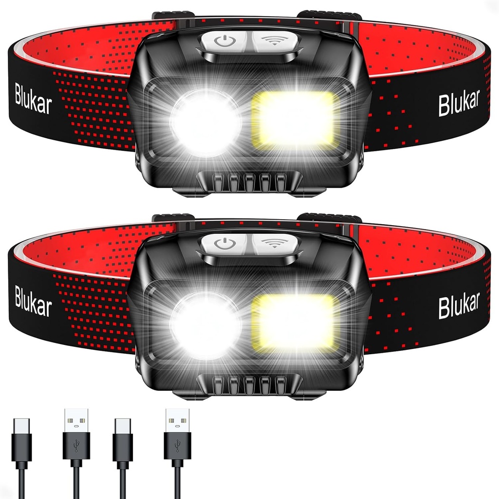 Blukar LED Headlamp Rechargeable,2000L High Lumen Super Bright Dimmable Headlight Flashlight with Motion Sensor- 8 Modes,Spotlight&Floodlight,IPX5 Waterproof for Camping,Hiking,Running,Fishing -2 Pack (One Size)