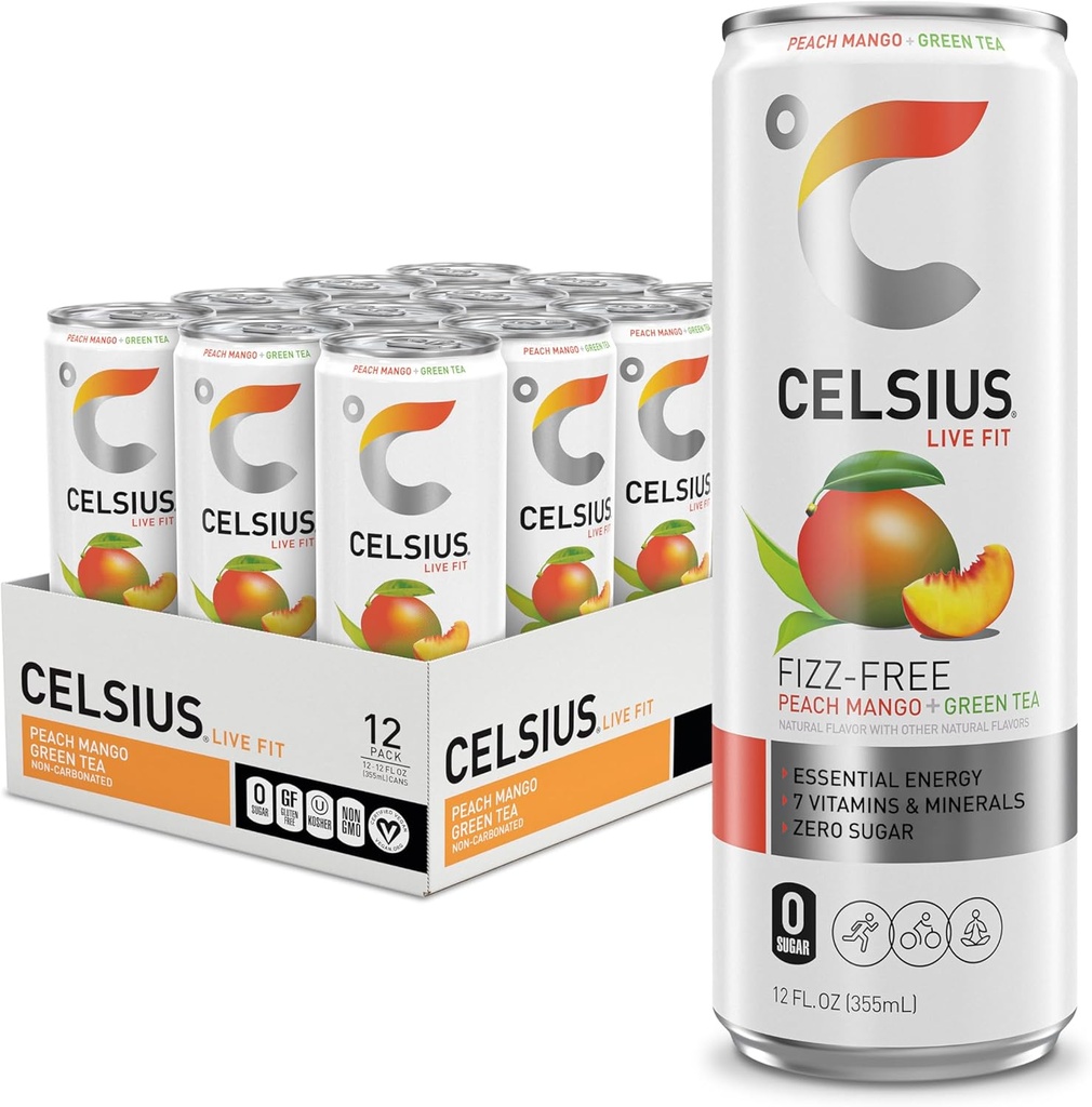 CELSIUS Peach Mango Green Tea, Functional Essential Energy Drink 12 Fl Oz (Pack of 12) (One Size)