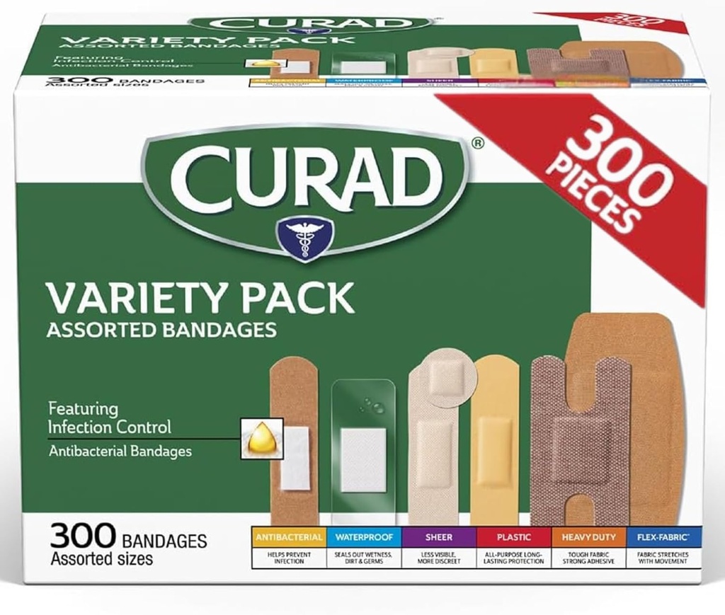 CURAD Assorted Bandages Variety Pack, 300 Count, 6 Styles Including Antibacterial, Waterproof, Sheer, Plastic, Heavy Duty & Flex-Fabric, Protects Scrapes, Cuts & Burns, Latex-Free (One Size)