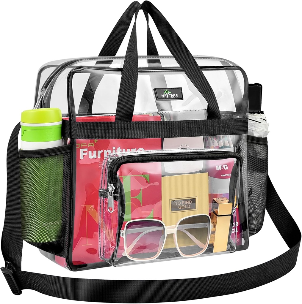 Clear Bag for Stadium Events, 12×5.5×12 Clear Tote Lunch Bag with Non-detachable Reinforced Straps for Work, Sporting Events and Gym, Black