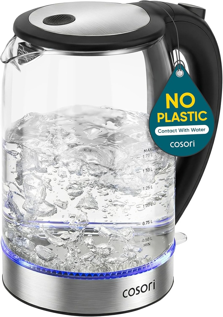 Cosori Electric Kettle, No Plastic Contact With Water, Wide Mouth For Easy Cleaning, Auto Shut Off, 1.7L Tea Kettle & Hot Water Boiler, Water Heater & Teapot, Borosilicate Glass, Black, 1500W (One Size)