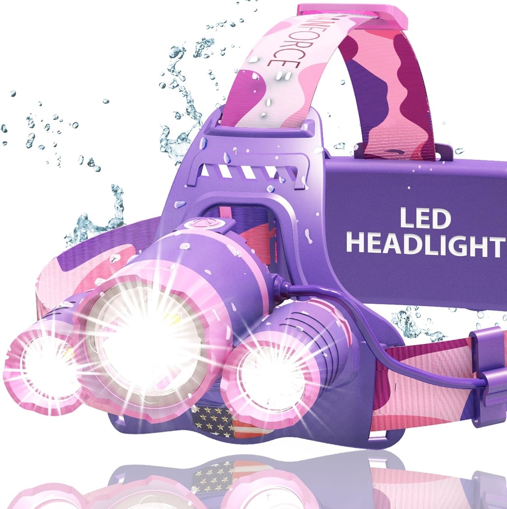 DanForce Headlamp, Ultra Bright Rechargeable LED Headlamp,LUMINUS 1080 Lumens,Zoomable Head Lamp Flashlight. Headlight USB Rechargeable, IPX45 HeadLamps for Camping, Outdoors,Red Light Include (Pink) (One Size)