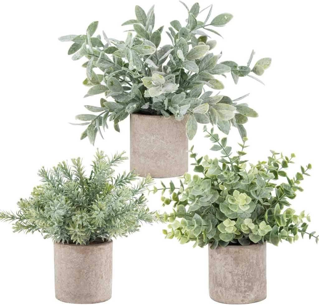 Der Rose 3 Pack Mini Potted Fake Plants Artificial Plastic Eucalyptus Plants Topiaries for Home Office Desk Farmhouse Shelf Room Bathroom Decor(Sage Green) (One Size)