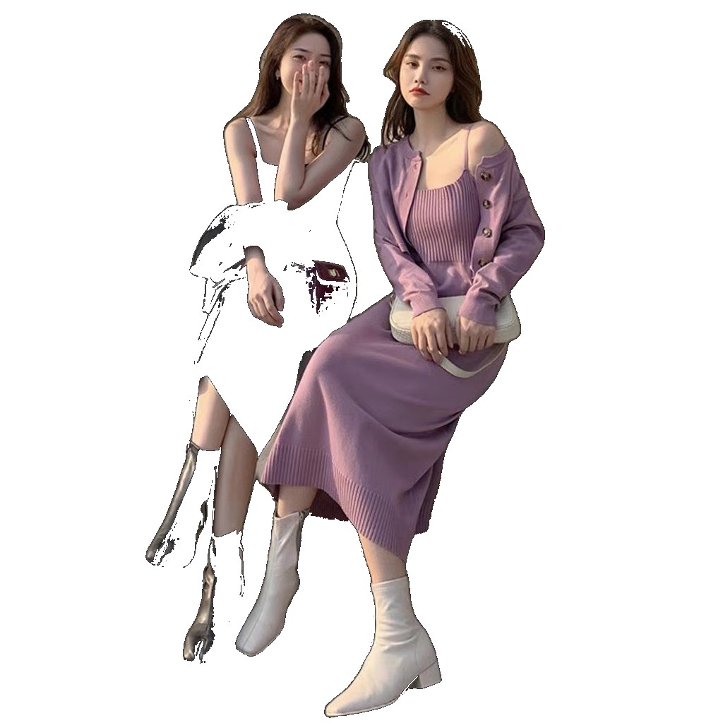 Early autumn and winter new women's clothing suit, small fragrance, foreign style, net red temperament, fashionable knitted suspender dress, two-piece suit suit