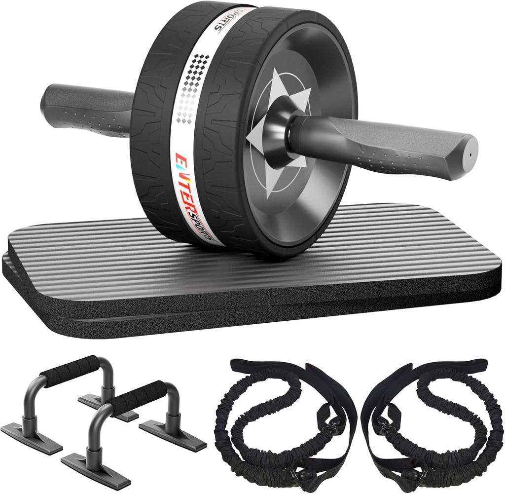 EnterSports Ab Rollers Wheel Kit, Exercise Wheel Core Strength Training Abdominal Roller Set with Push Up Bars, Resistance Bands, Knee Mat Home Gym Fitness Equipment for Abs Workout (One Size)